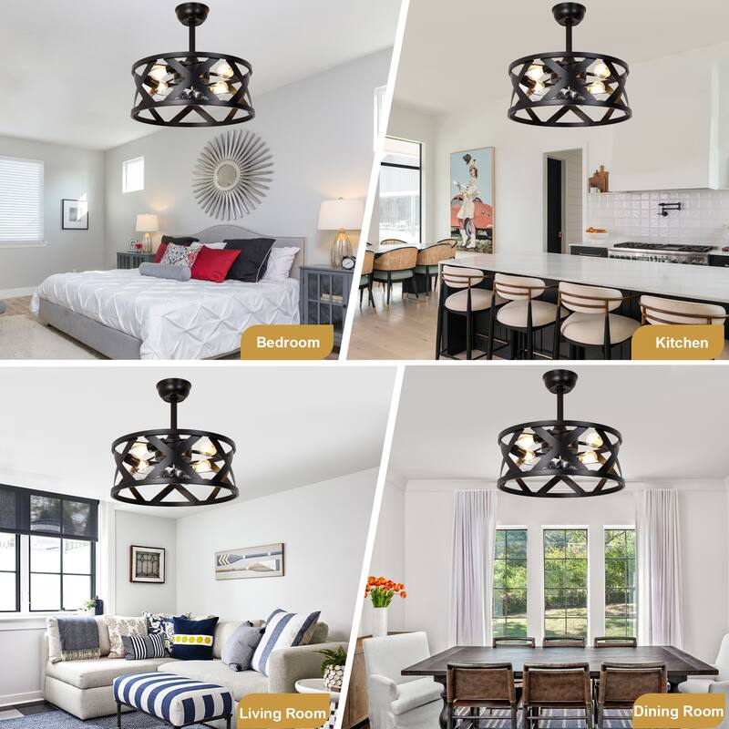 Cusp Barn 20" Farmhouse Caged Ceiling Fan with Lights and Remote, Industrial Black Fandelier, 6-speed Quiet DC Motor Ceiling Fan