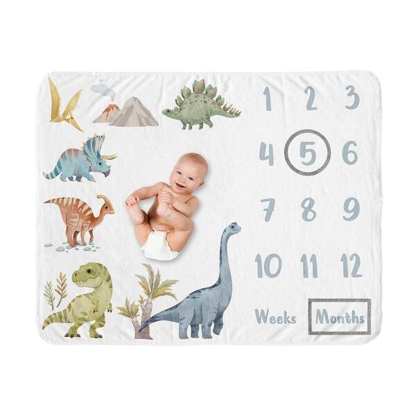 slide 2 of 6, Sweet Jojo Designs Watercolor Dinosaur Dino Boy Baby Monthly Milestone Blanket Green Blue Modern Jurassic Nature Animal Steel
