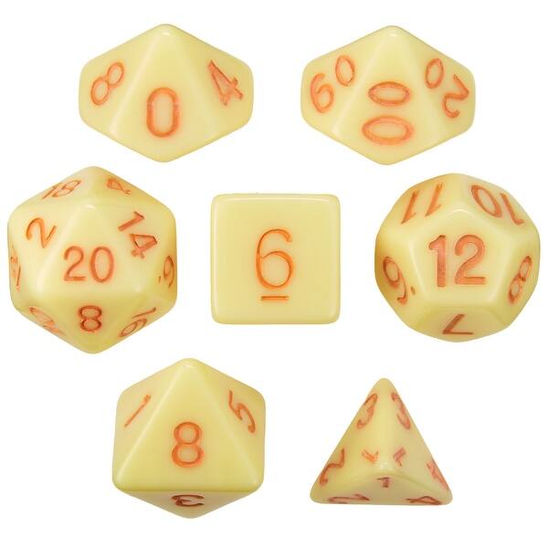 slide 2 of 6, Set of 7 Dice - Harvest Nectar - Solid Yellow with Orange Paint - Yellow and Orange - 2.5x1.5x1.5 in.