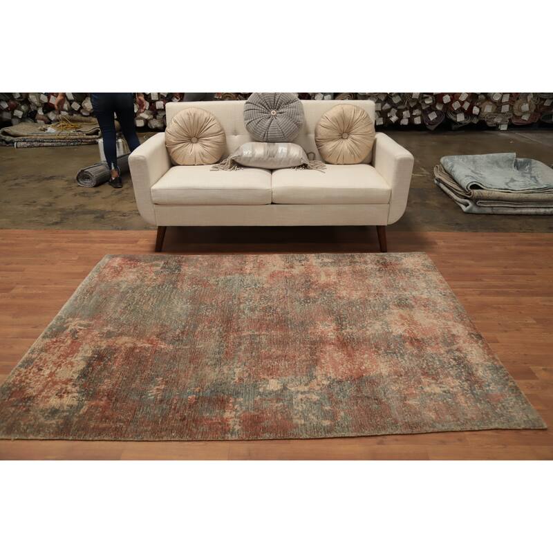 Hand Knotted Oriental Viscose Silk Carpet Modern All-Over Oranges & Rust Abstract Area Rug - 6' 7'' X 4' 10''