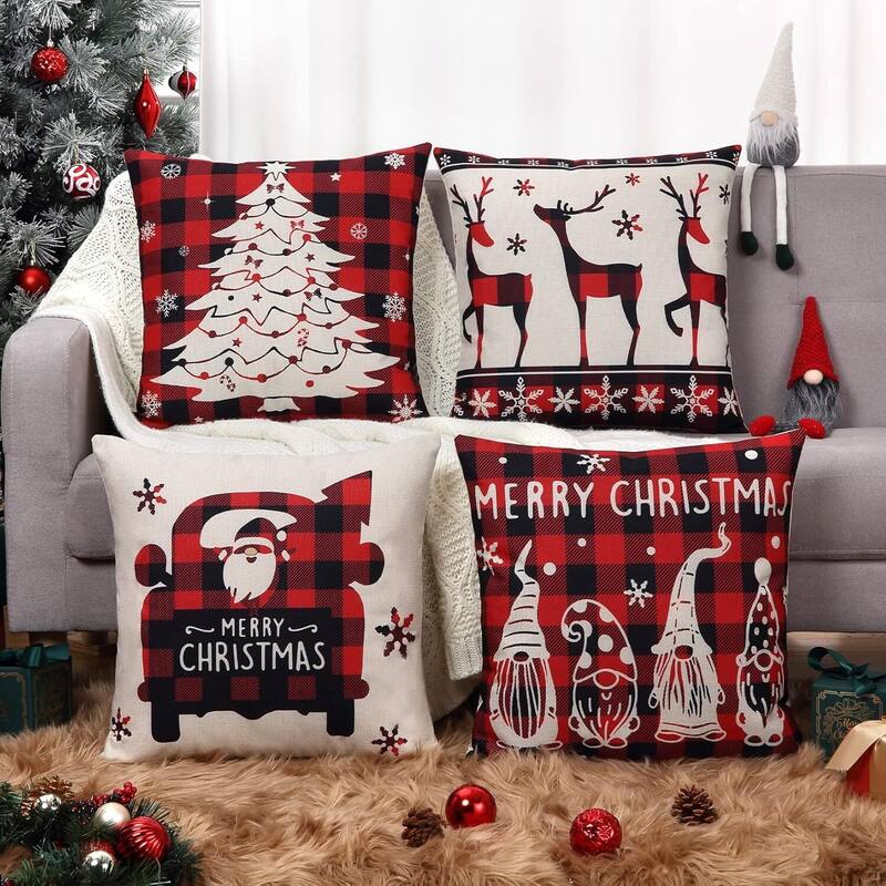 Buffalo Plaid Christmas Pillow Covers, Pillow Cases 18x18 Inch Set of 4 - Red