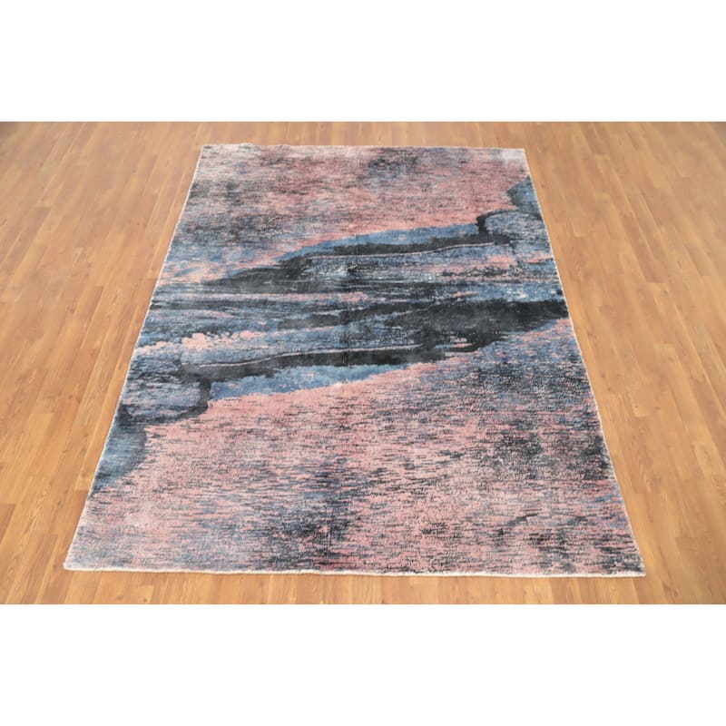 Hand Knotted Oriental Viscose Silk Carpet Modern Pictorial Pink Abstract Area Rug - 7' 7'' X 5' 8''