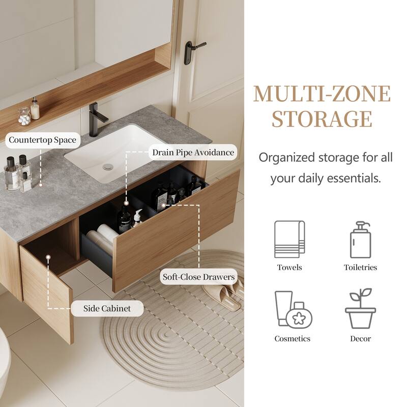 48" Single Bathroom Vanity, Modern, Gray Stone Stop, Light Solid Wood