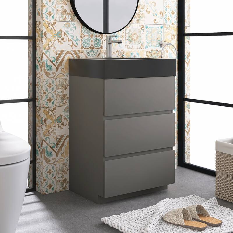 Freestanding Bathroom Vanity with Black Solid Surface Top