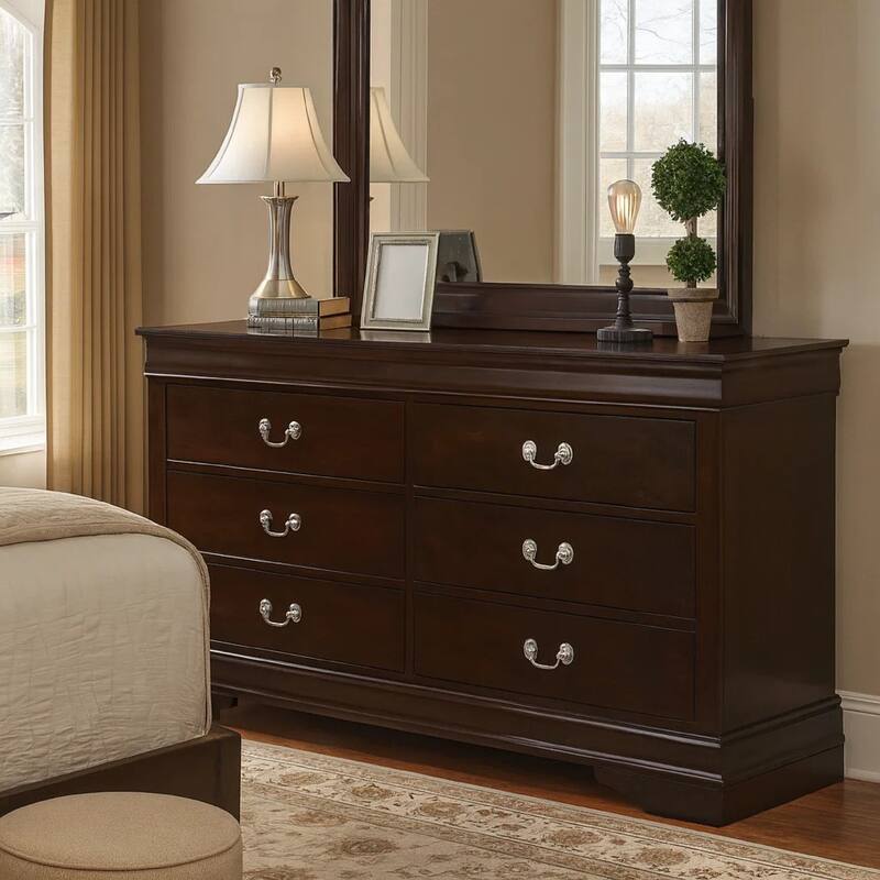 Nim 58 Inch Wide 6 Drawer Dresser, Nickel Bail Handles, Cappuccino Brown