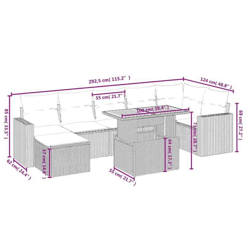 vidaXL Patio Sofa Set with Cushions Outdoor Conversation Furniture Poly Rattan - 21.7 x 39.4 x 28.7