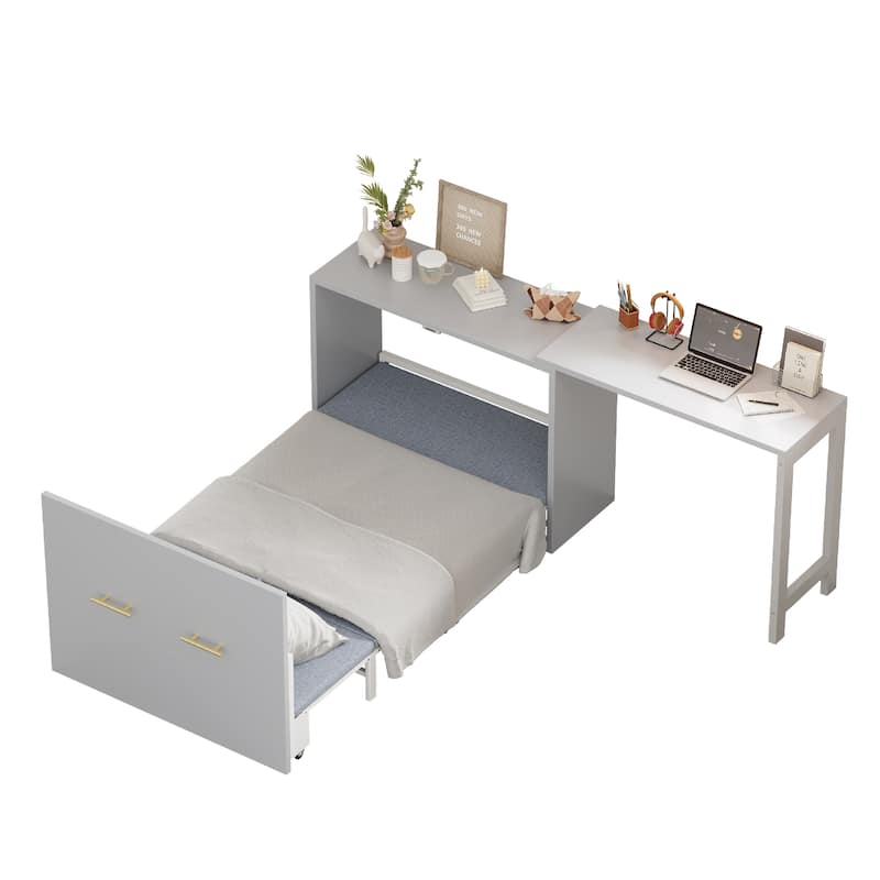 Twin Size Murphy Cabinet Bed - Adjustable Desk, Foldable Cushion, Chest Dresser for Small Spaces/Guest Room