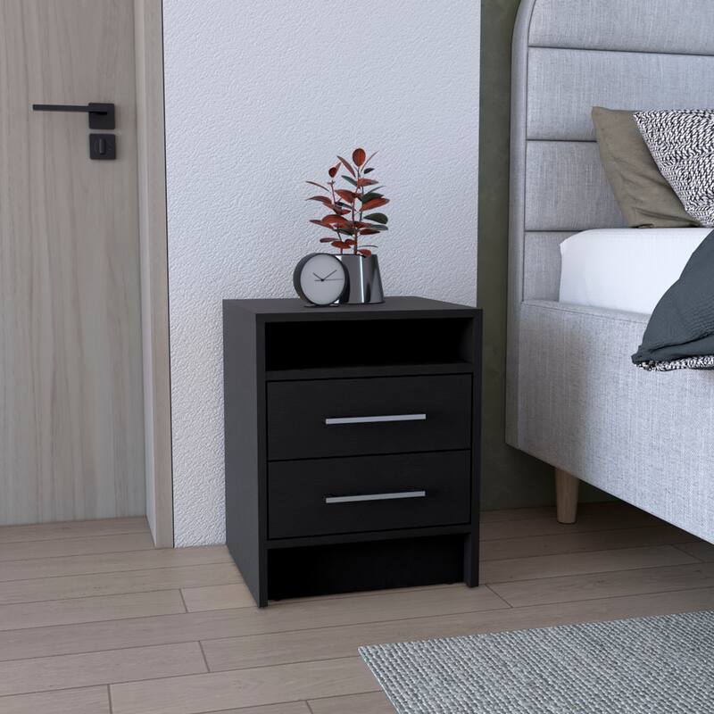 Modern Black Two-Drawer Nightstand with Open Shelf, Versatile Storage Cabinet for Bedroom and Living Room - Black