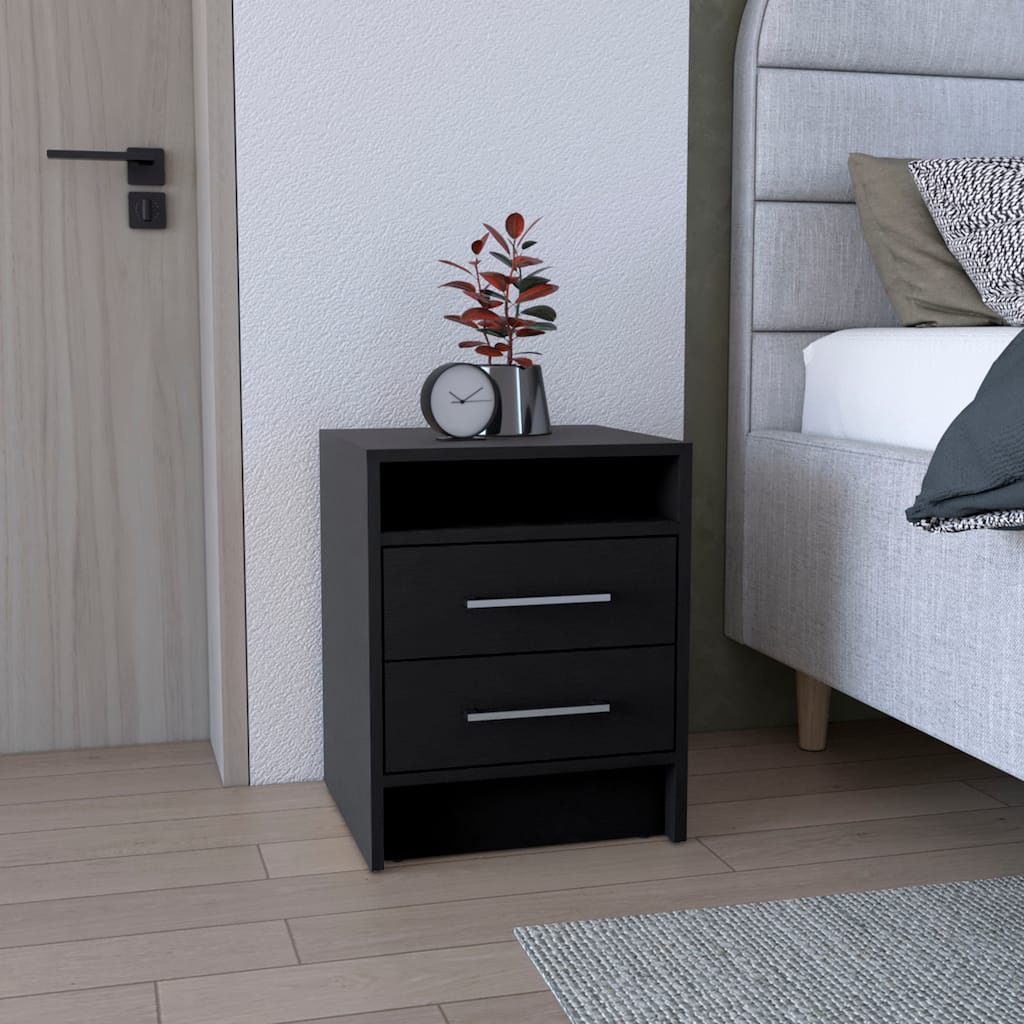 Modern Black Two-Drawer Nightstand with Open Shelf, Versatile Storage Cabinet for Bedroom and Living Room