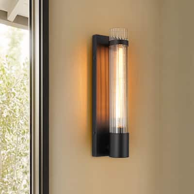 Modern 1-Light Clear Ribbed Glass Pipe Wall Lamp