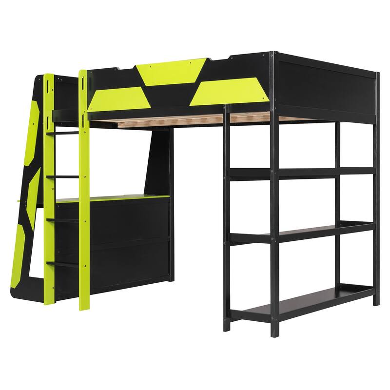 Full Size Gaming Loft Bed Station with Desk, Storage Shelves & RGB LED Lights