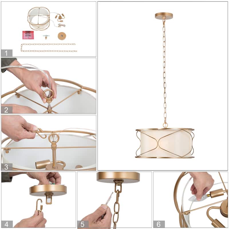 Flot Modern Farmhouse 3-light Gold Drum Chandelier Fabric Ceiling Lantern Pendant Lights - D 15.5'' x H 69.5''