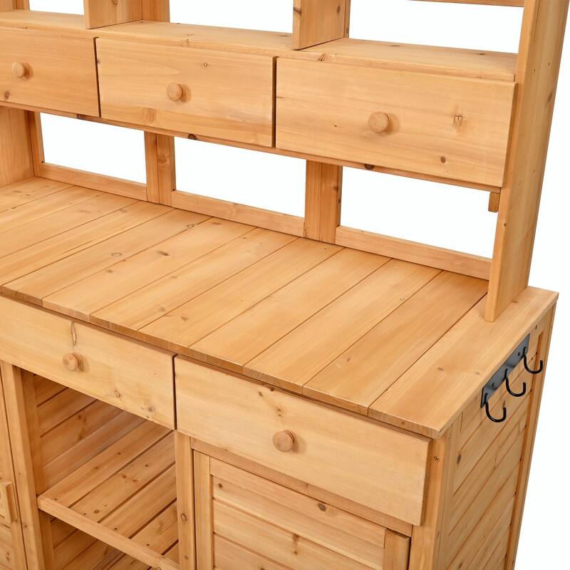 65.7'' Tall Garden Potting Bench - Patio Workstation with Hutch, 3 Shelves, 6 Drawers, 2 Cabinets & Side Hooks