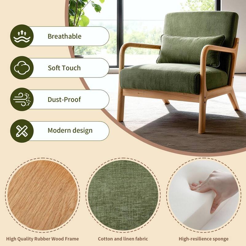 Mid-Century Modern Accent Chair with Solid Wood Frame and Detachable Lumbar Pillow for Living Room or Bedroom