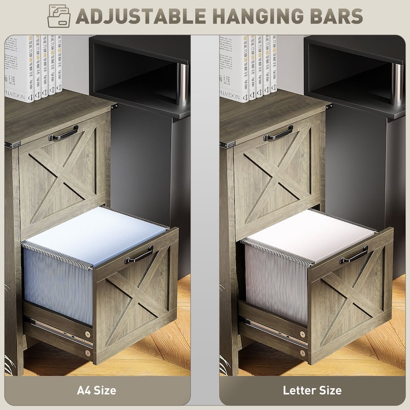 HOMCOM 2 Drawer Vertical File Cabinet with Silent Slides,Farmhouse Filing Cabinet with Barn Doors for A4/Letter Size