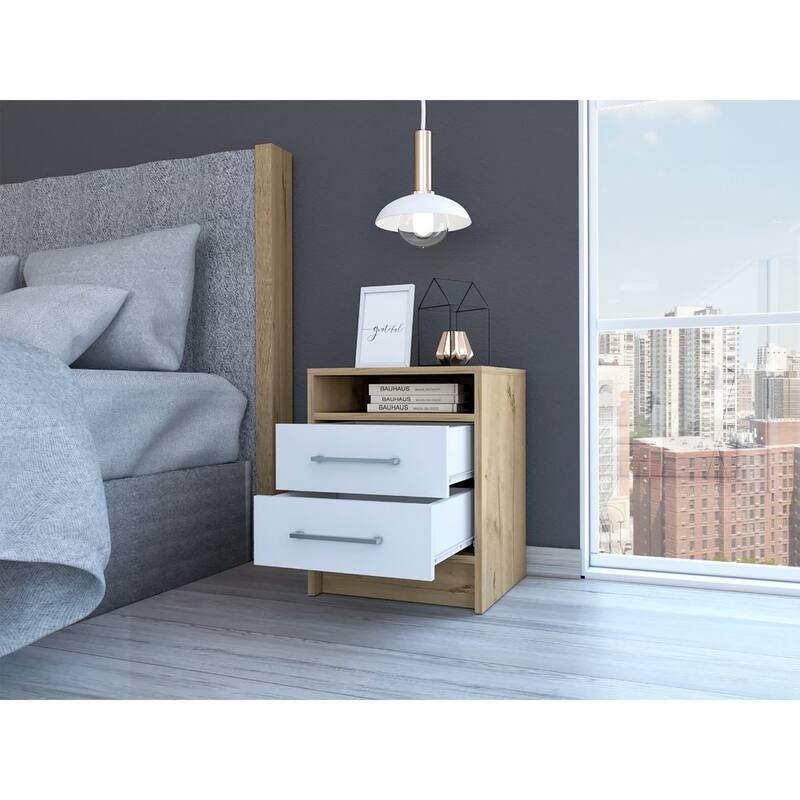Modern Nightstand with Two Drawers and Top Shelf, White and Light Oak Finish