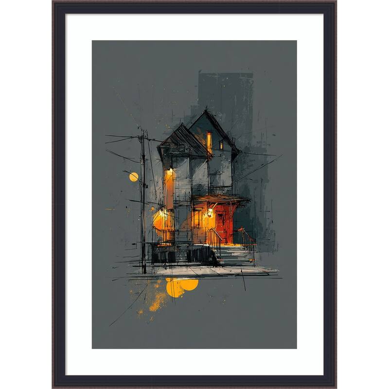 Asian Storefront Orange Lanterns Rainy Night Architecture by Tradelink inhouse artist Wood Framed Wall Art Print