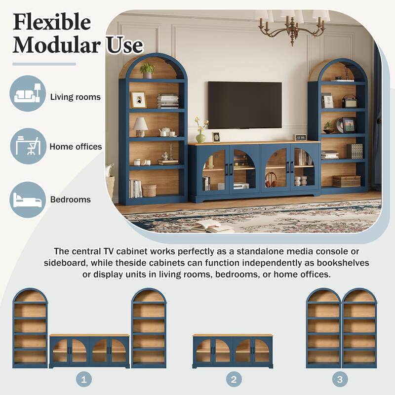 3-Piece Entertainment Center with Bookshelves for TVs up to 70", Retro Wall Unit TV Stand with Glass Doors, Media Console Table