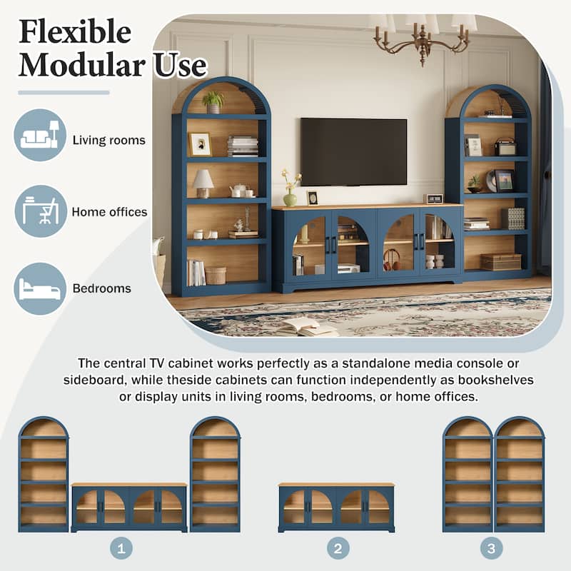 3-Piece TV Stand Set with Bookshelf for TVs Up to 70", Wood Grain Entertainment Center with Arched Design, Tempered Glass Doors