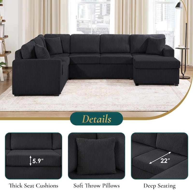 115.3" Oversized Corduroy U-shaped Sectional Sofa with Chaise Lounge and Three Soft Throw Pillows