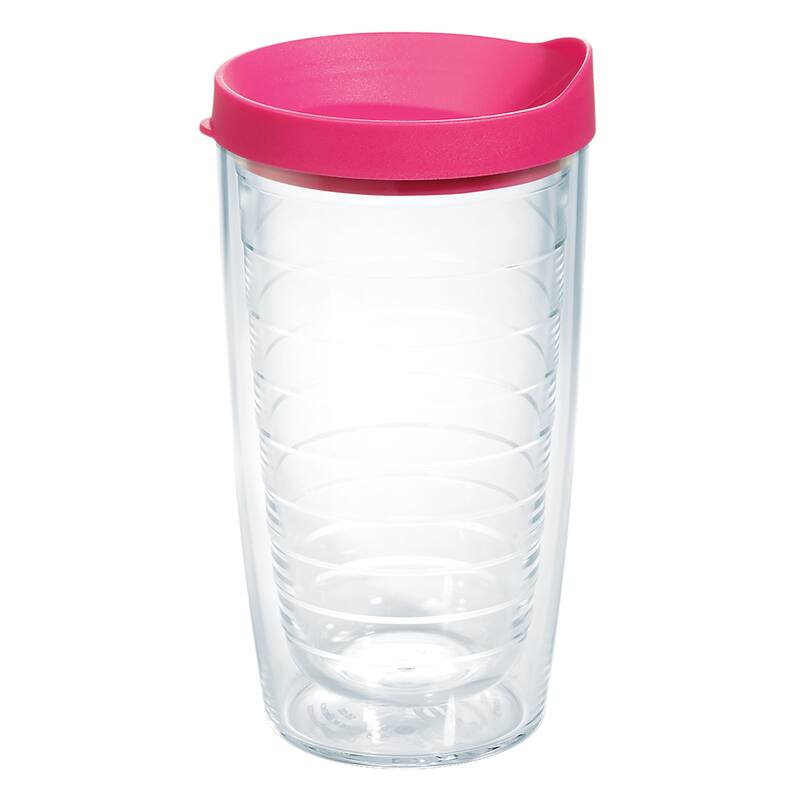 Tervis Clear & Colorful Lidded Made in USA Double Walled Insulated Travel Tumbler, Fuchsia Lid - 16oz