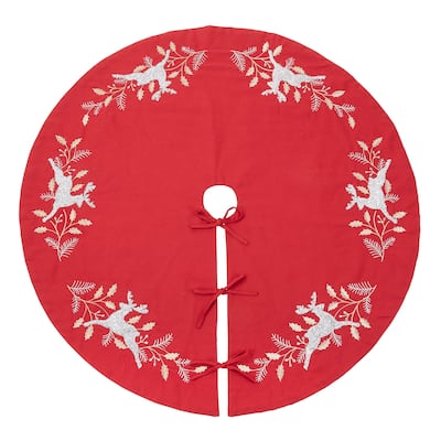 Christmas Tree Skirt With Embroidered Reindeer Design