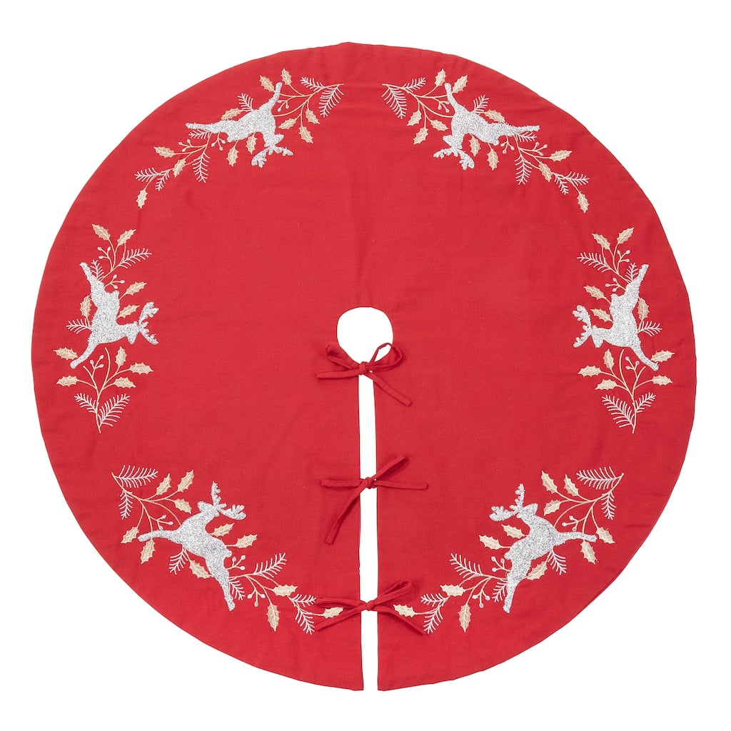 Christmas Tree Skirt With Embroidered Reindeer Design