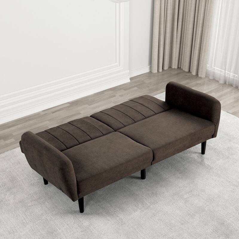 Contemporary Brown Fabric Futon Sofa Converts to Bed with USB Charging Ports