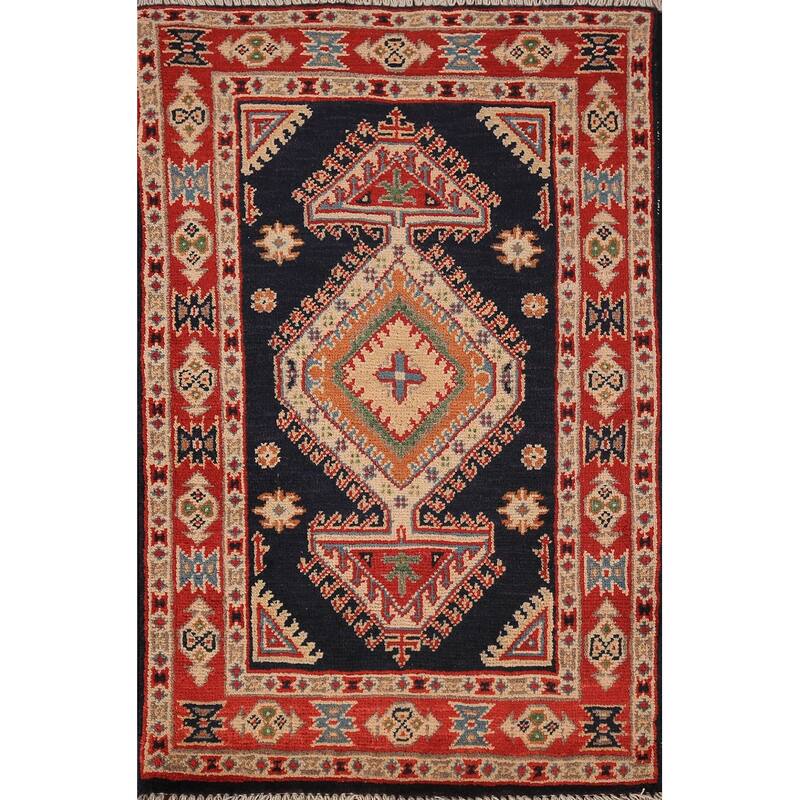 Dark Navy Blue Kazak Oriental Foyer Rug Hand-Knotted Wool Carpet - 2'0" x 3'0"