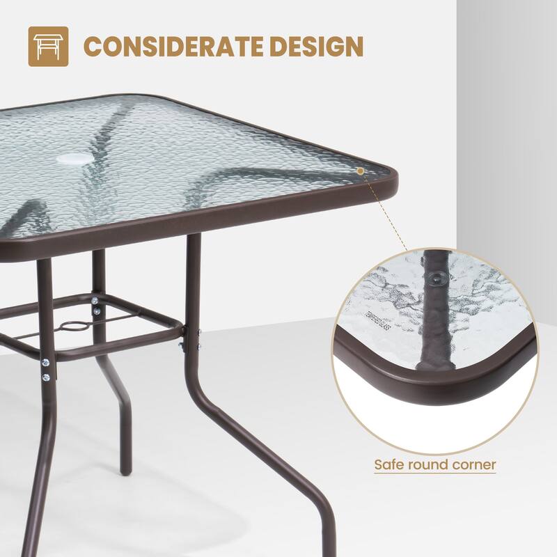 Crestlive Outdoor Dining Bistro Table with Square Glass Top and Umbrella Hole - 31.50" L x 31.50" W x 28.74" H