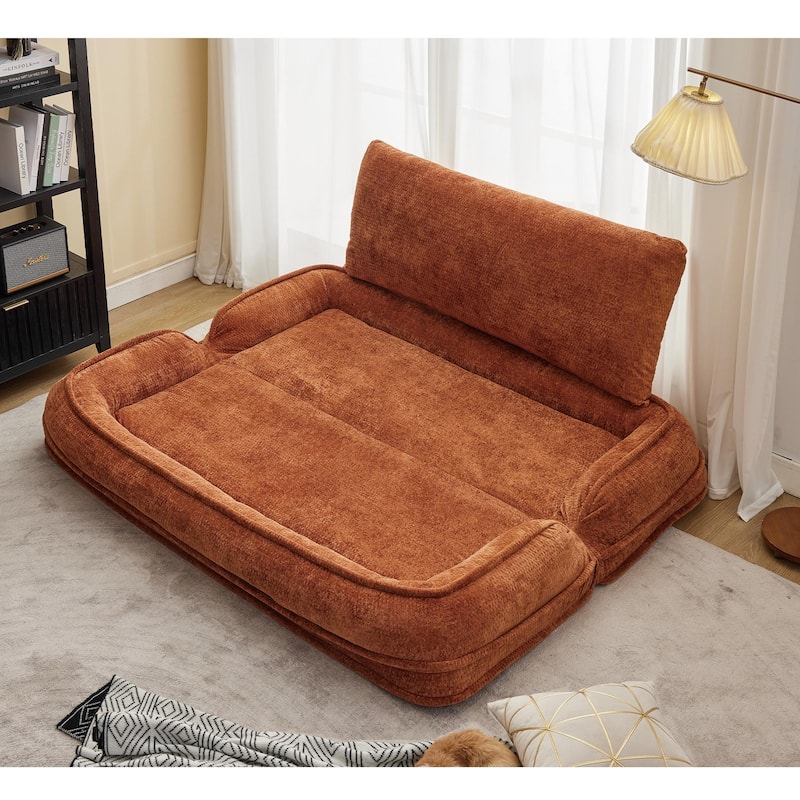 Pet Friendly Lazy Loveseat Sofa 2-in-1 Chenille Floor Couch Double Human Sleeper Bed with 5 Adjustable Position, Plump Pillows