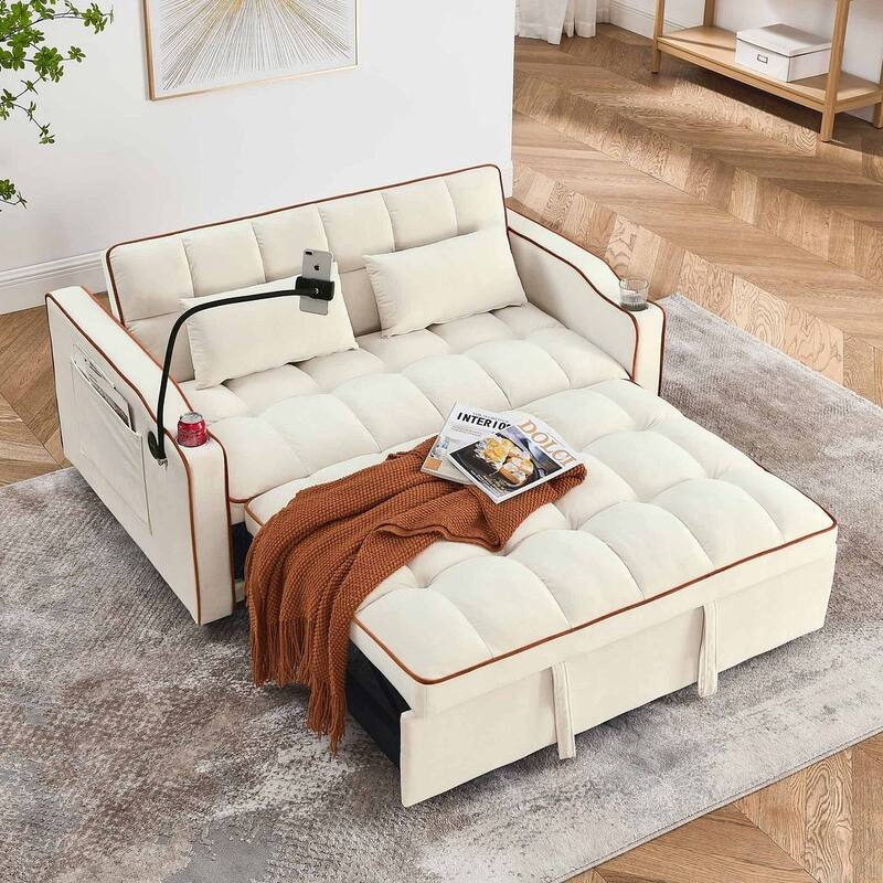 55.51'' Modern Versatile Foldable Sofa Bed With Adjustable Back and USB Port and Ashtray and Swivel Phone Stand