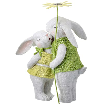 Resin Bunny Couple Under Metal Flower 11"