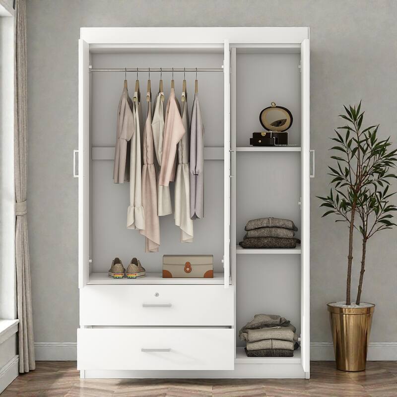3 Door Wardrobe with Mirror and Shelves, MDF Bedroom Armoire with Lockable Drawer and Storage Drawers