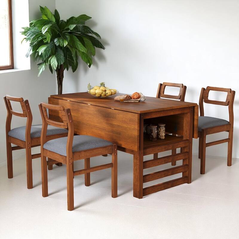 Modern 47.2'' Drop Leaf Dining Table Set with Storage Shelf and 4 Linen Upholstered Chairs - Brown