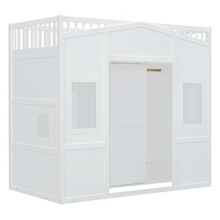 Twin Size Wood House Loft Bed with Ladder and Wardrobe, White