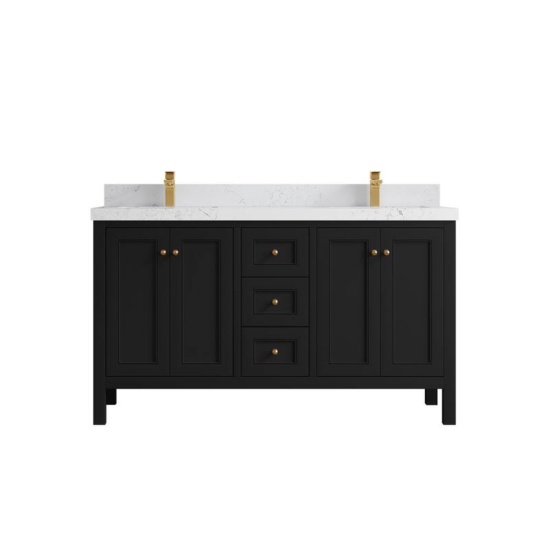 Willow Collections 60 in. W x 22 in. D Nashville Double Bowl Sink Bathroom Vanity with Countertop - 2”Empira White - Black