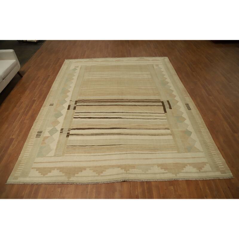 Hand Woven Oriental 100% Wool Carpet Southwestern Tribal Beige & Ivories Kilim Area Rug - 11' 8'' X 9' 4''