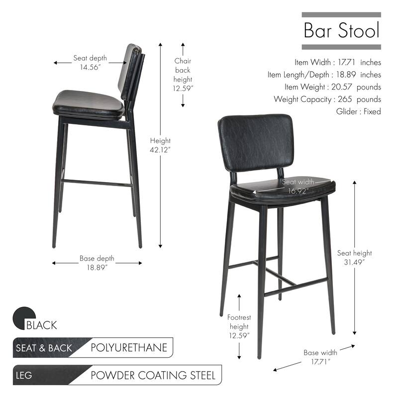 Porthos Home Mori Bar Stools Set of 2, PU Leather, Steel Legs