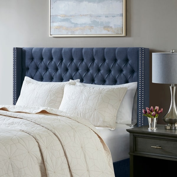 slide 2 of 11, Madison Park Amelia Upholstered Wingback Headboard with Button Tufting & Nailhead Trim Navy - Queen