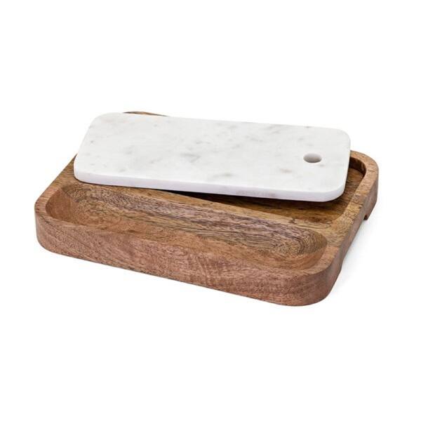 15 Inch Deluxe White Marble and Solid Acacia Wood Serving Tray