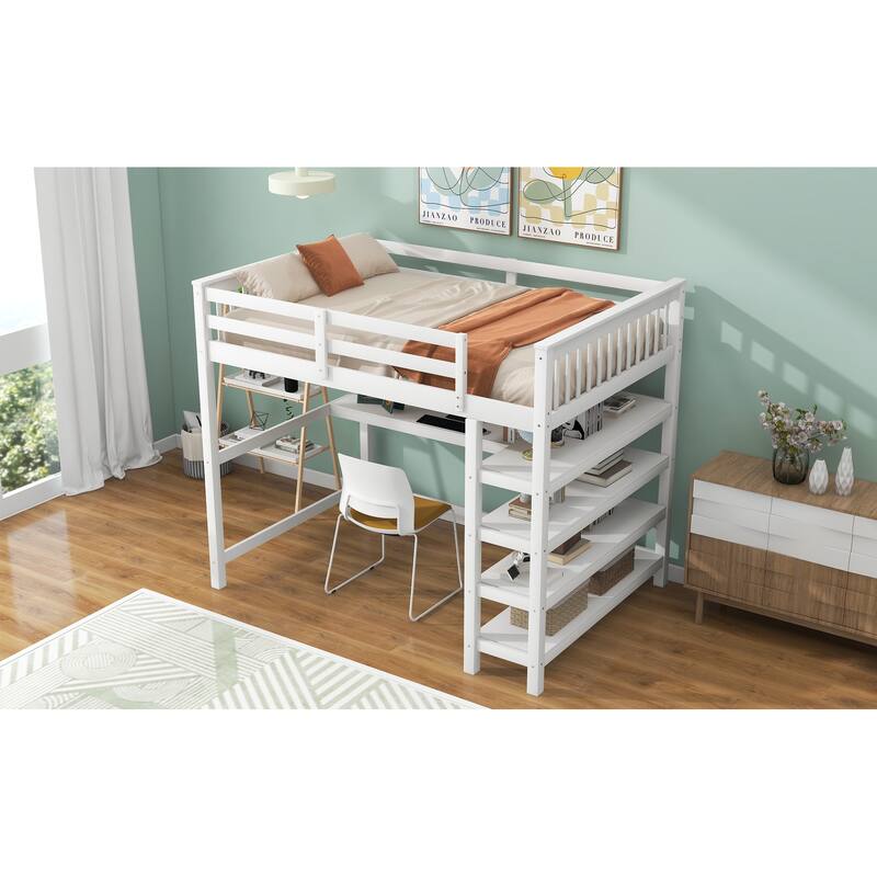 Loft Bed with Storage Shelves and Under-Bed Desk