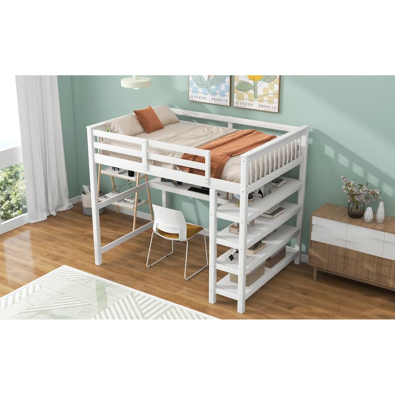 Wood Loft Bed w/Desk, Full Size Loft Bed w/Shelves and Under Bed Desk