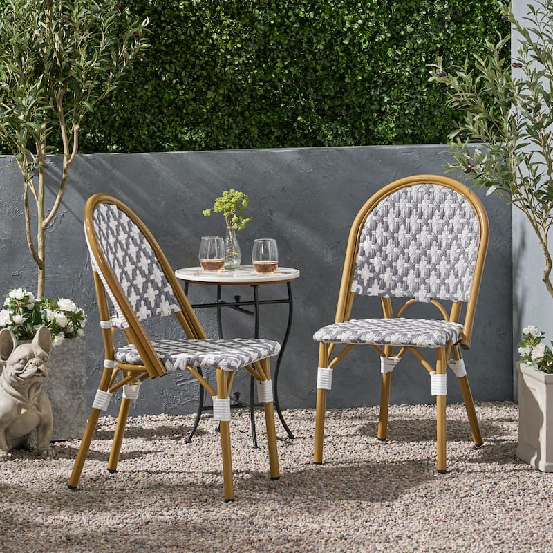 Louna Outdoor French Cafe Chairs (Set of 2) by Christopher Knight Home - Gray + White + Bamboo Print Finish