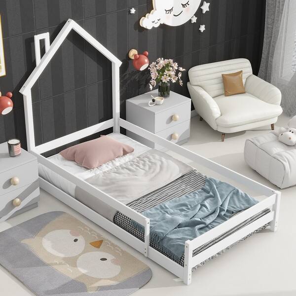 slide 2 of 9, Twin Size Montessori Floor Bed with Fences, Wood Twin Kids Bed Frame White - Twin