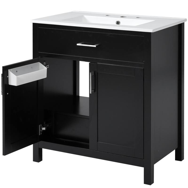 Compact 30-Inch Bathroom Vanity with Ceramic Sink, Premium Wood Frame & Soft-Close Doors
