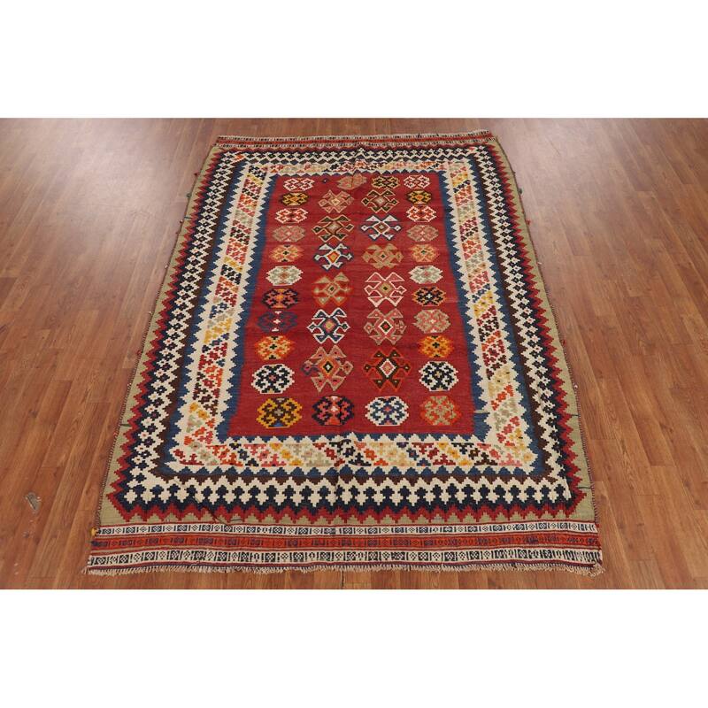 Red Kilim Qashqai Persian Vintage Rug Flatweave Geometric Wool Carpet - 5'4"x 7'7"
