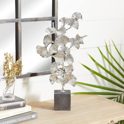 Silver Polystone Floral Decorative Sculpture with Black Block Base - 10 x 3 x 19