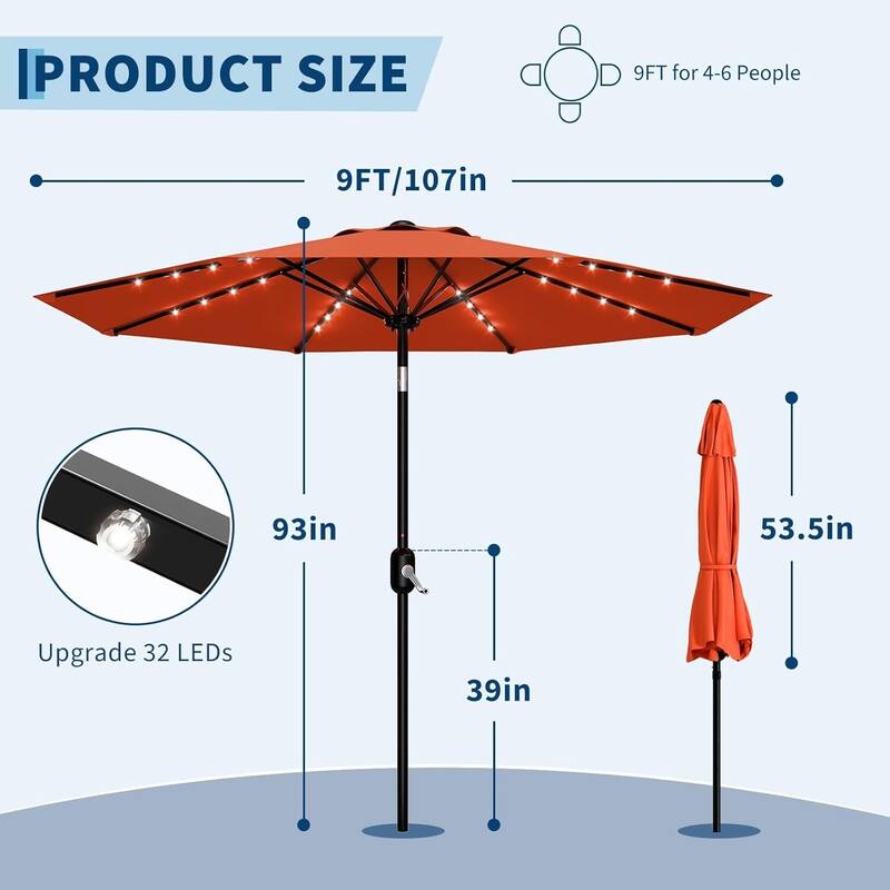 9 FT Outdoor Table Patio Umbrella, Waterproof UV Protection with Solar Lights