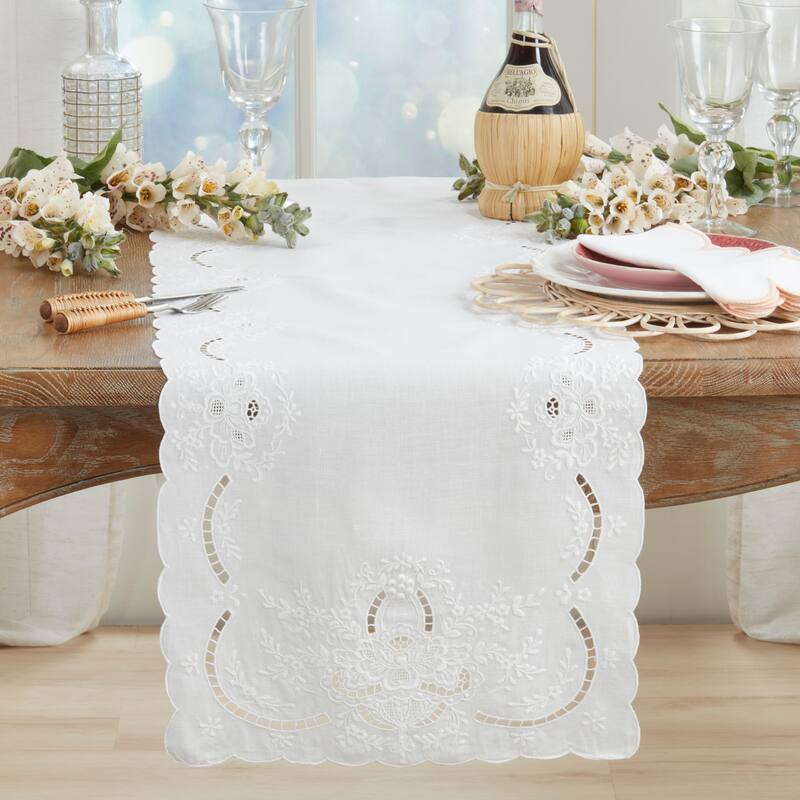 Embroidered Linen Table Runner - Decorative Scalloped Table Runner for Dining & Console Tables
